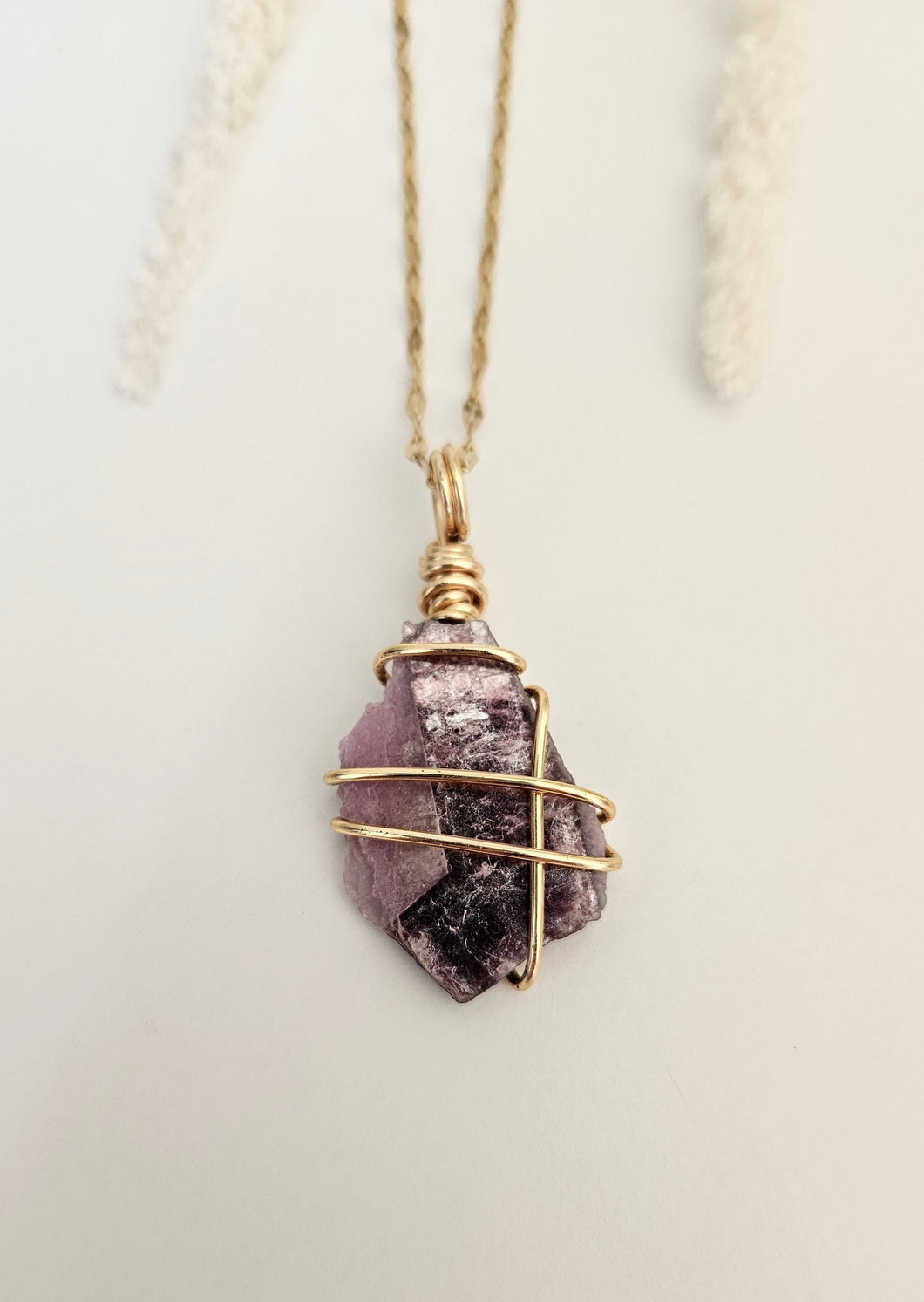 Lepidolite Wrapped Necklace - Gold 18