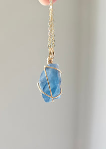 Blue Fluorite Wrapped Necklace - Gold 20"