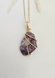 Lepidolite Wrapped Necklace - Gold 20"