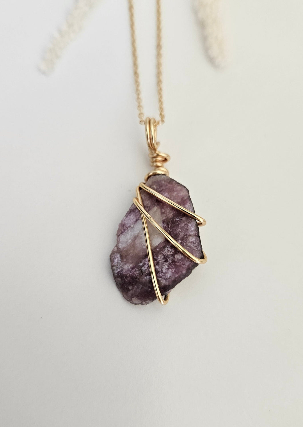 Lepidolite Wrapped Necklace - Gold 20