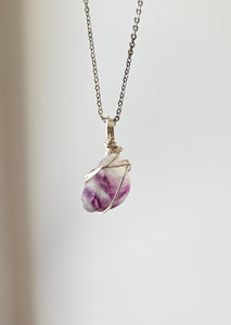 Rainbow Fluorite Wrapped Necklace - Silver 16"