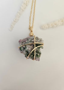 Watermelon Tourmaline Wrapped Necklace - Gold 22"