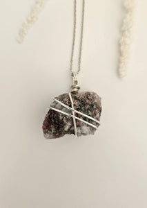 Watermelon Tourmaline Wrapped Necklace - Silver 18"