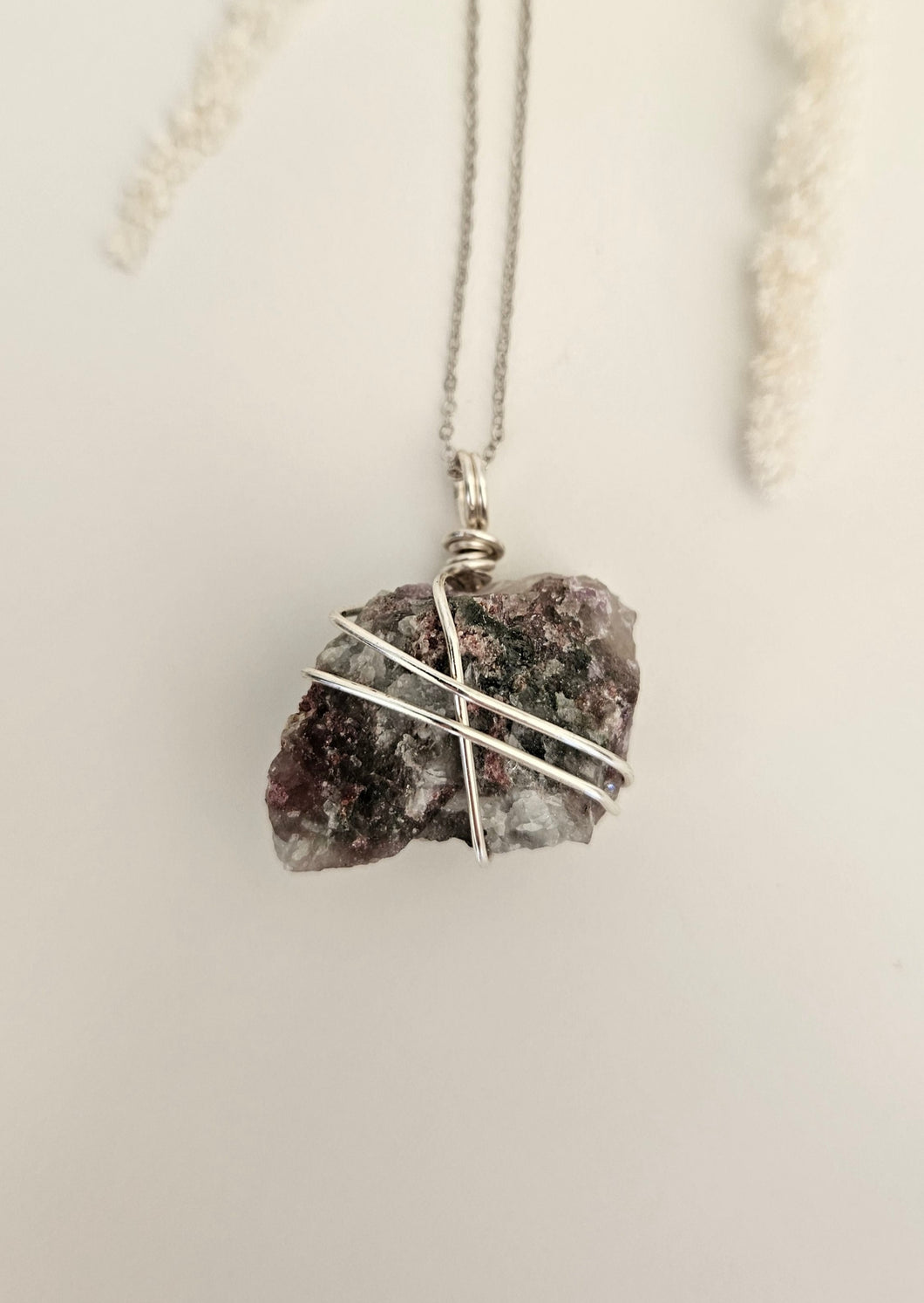 Watermelon Tourmaline Wrapped Necklace - Silver 18