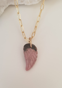 Rhodonite Carved Feather Necklace