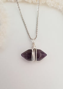 Double Terminated Amethyst Wrapped Necklace - Silver 18"