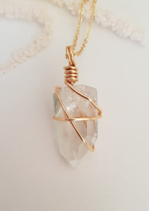 Clear Quartz Point Wrapped Necklace - Gold 20"