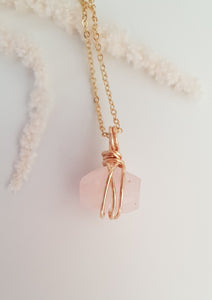 Rose Quartz Wrapped Necklace - Gold 18"