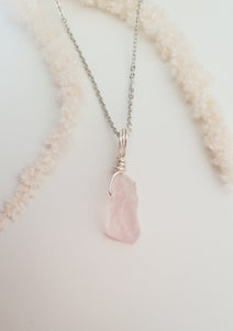 Raw Rose Quartz Necklace - Silver 16"