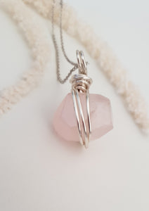 Rose Quartz Wrapped Necklace - Silver 18"